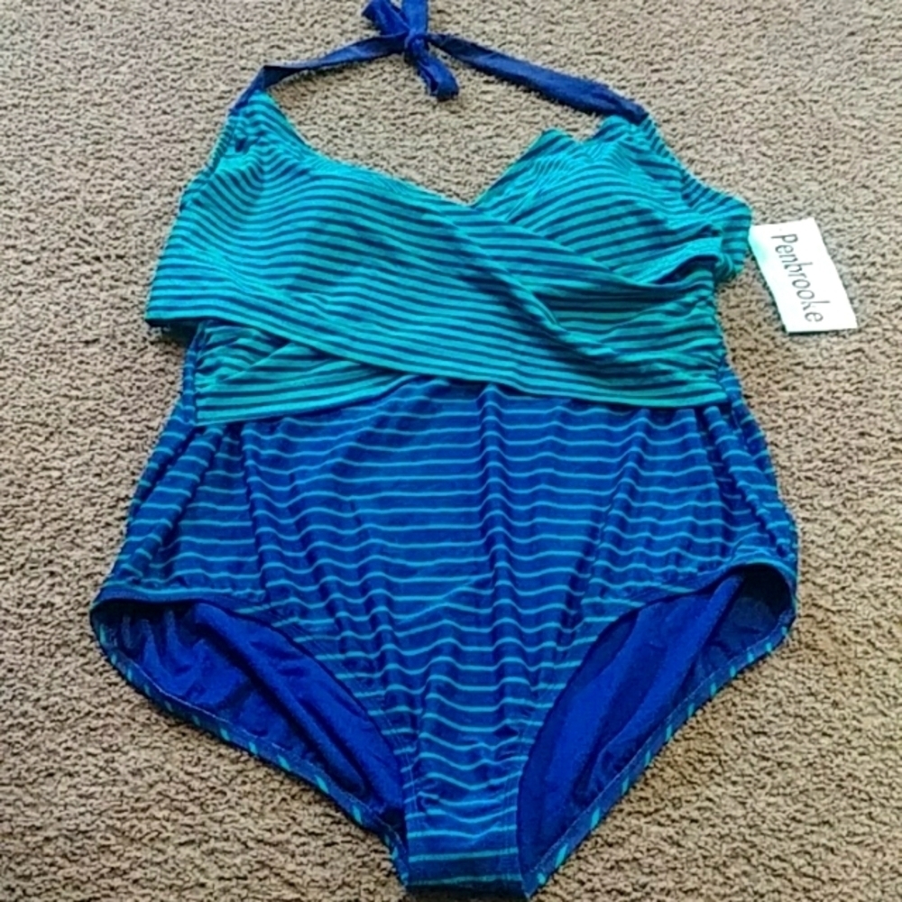 Penbrooke One Piece Crisscross Front Striped Halter Swimsuit Size 3X
